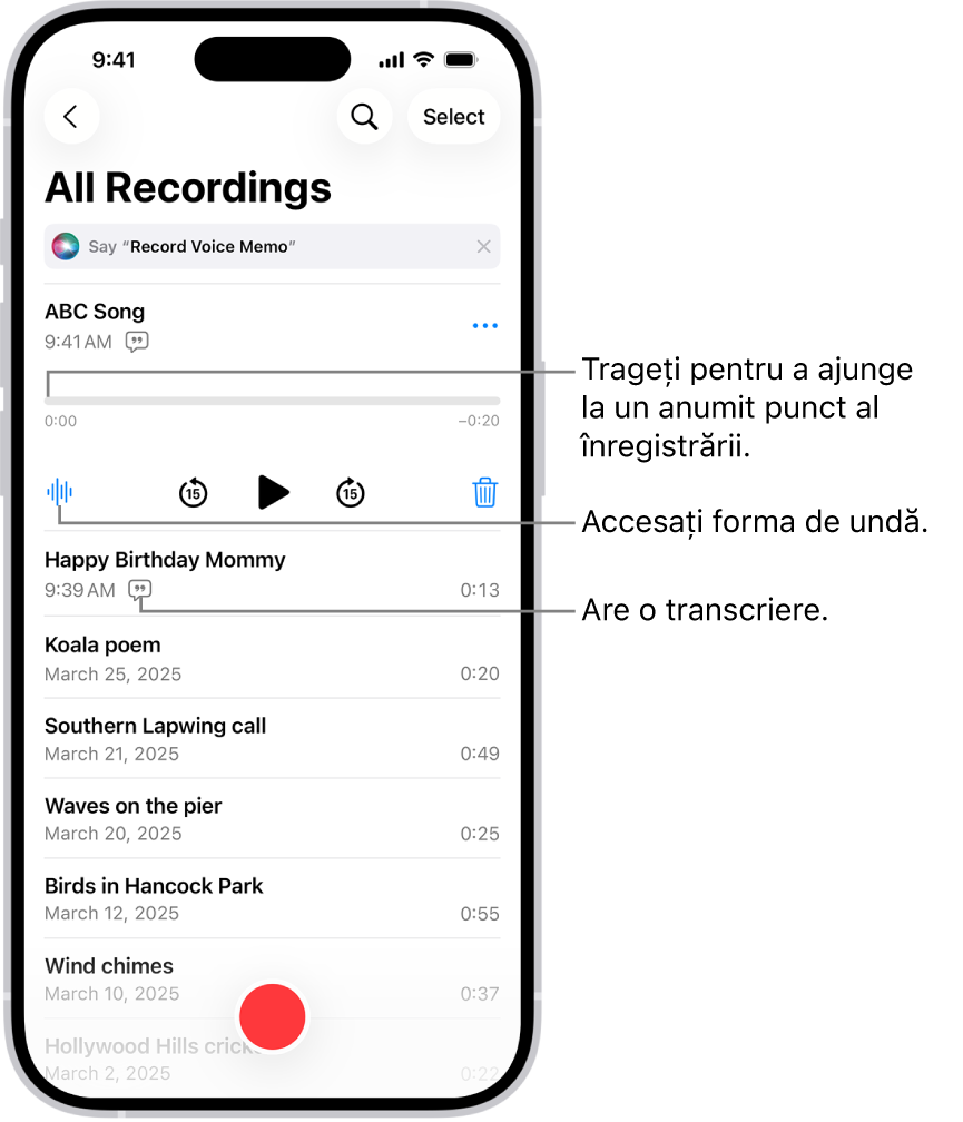 Ecranul listei Memouri vocale cu o înregistrare selectată în partea de sus. Cronologia înregistrării are un cap de redare, pe care îl puteți trage pentru a ajunge la un anumit punct al înregistrării. Comenzile de redare se află sub cronologie.