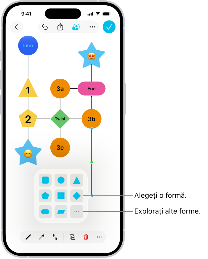 O diagramă dintr-un panou Freeform cu o formă nouă în curs de adăugare.