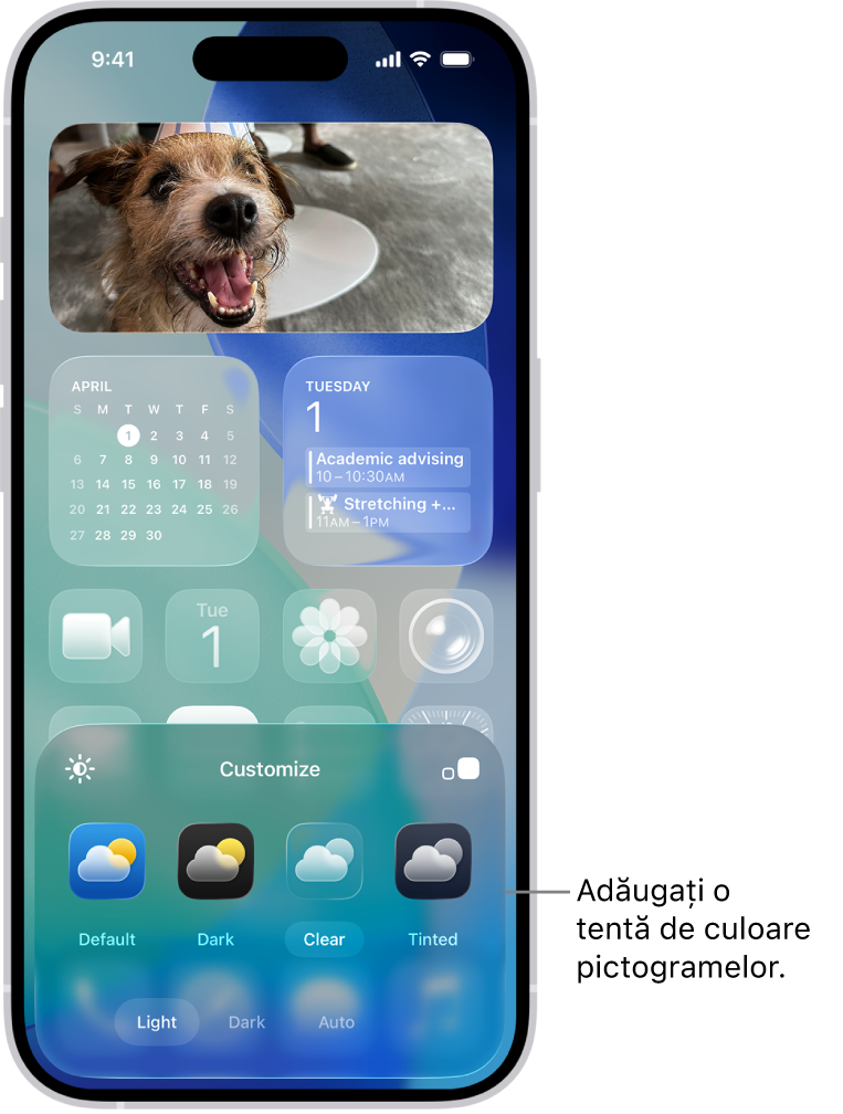 Un ecran principal personalizat cu pictograme translucide cu o tentă albastră și aranjate pentru a încadra o poză și comenzi în partea de jos a ecranului pentru personalizarea pictogramelor. Opțiunile includ butoanele Automat, Întunecat, Luminos și Tentă, opțiunile pentru alegerea culorilor și saturației și butoanele Mic și Mare pentru configurarea dimensiunii pictogramelor.