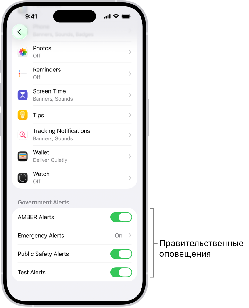На экране уведомлений показан параметр «Правительственные оповещения», включив который можно получать оповещения от правительства.