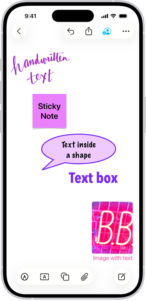 Nástenka Freeform s textom zobrazeným vo forme kresby, samolepiacou poznámkou, tvarom, textovým poľom a obrázkom.