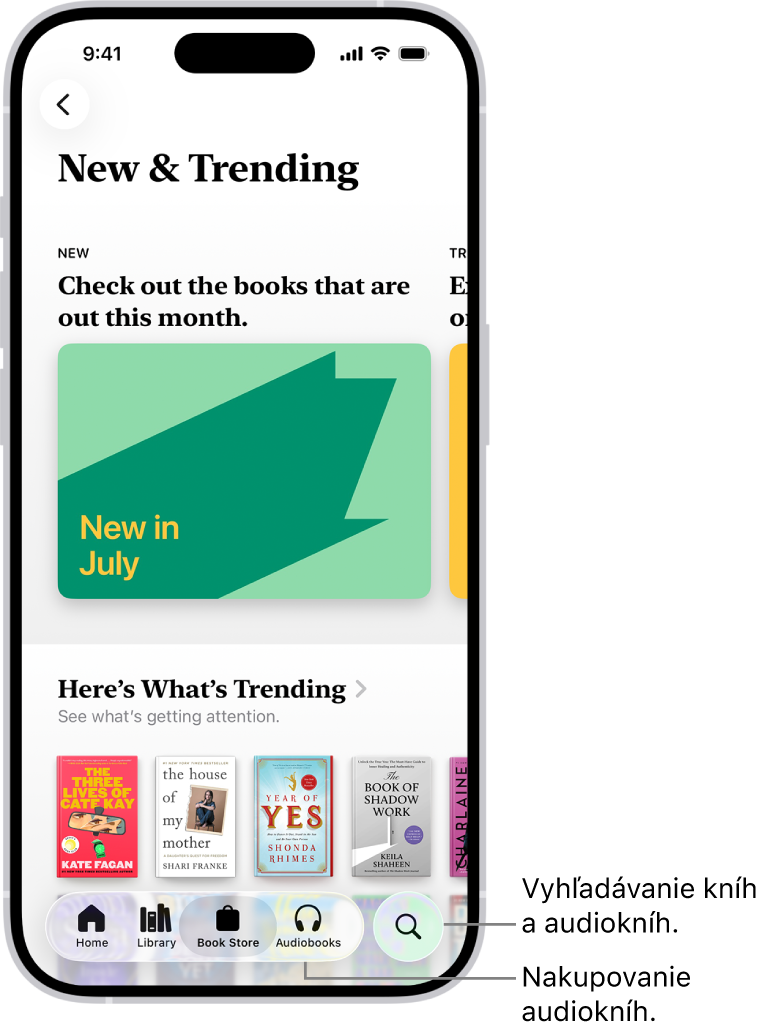 Obrazovka Book Storu v apke Knihy. Naspodku obrazovky sú zľava doprava taby Domov, Knižnica, Book Store, Audioknihy a Vyhľadať. Je vybraný tab Book Store.