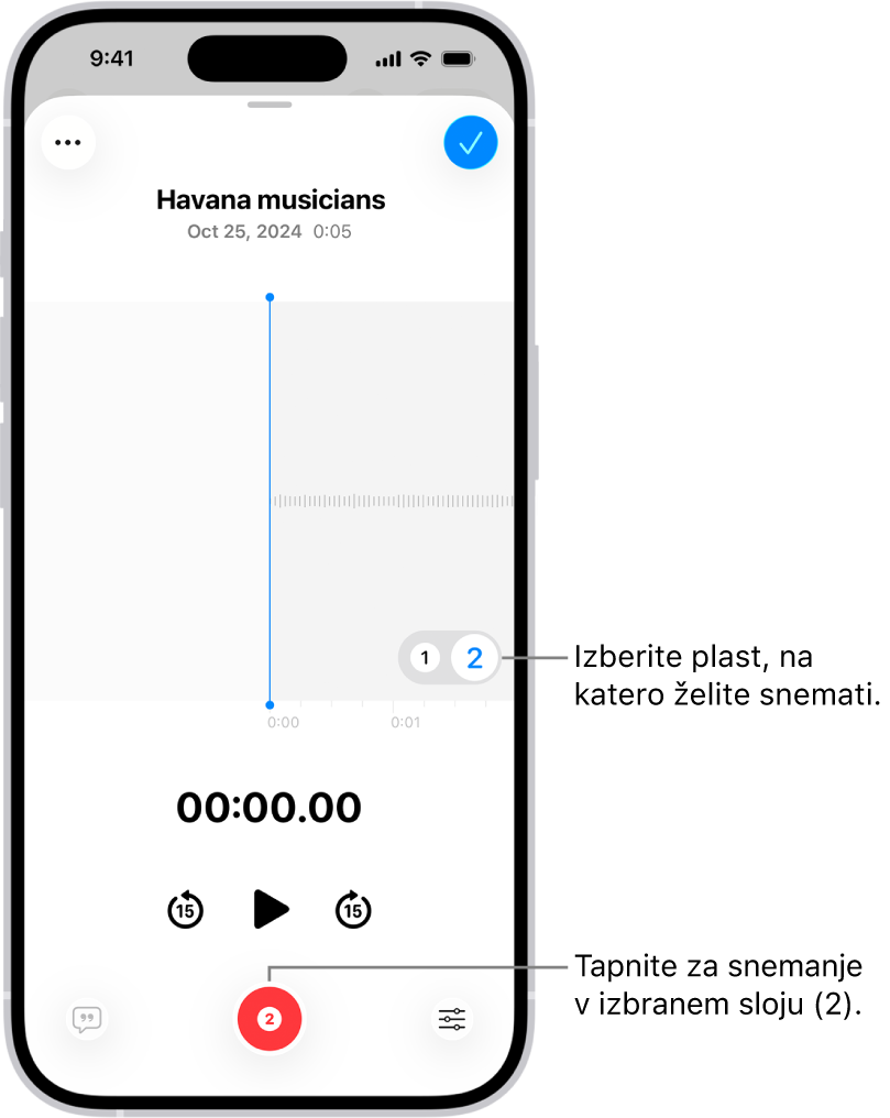 Zaslon za snemanje drugega sloja v aplikaciji Glasovni zapiski.
