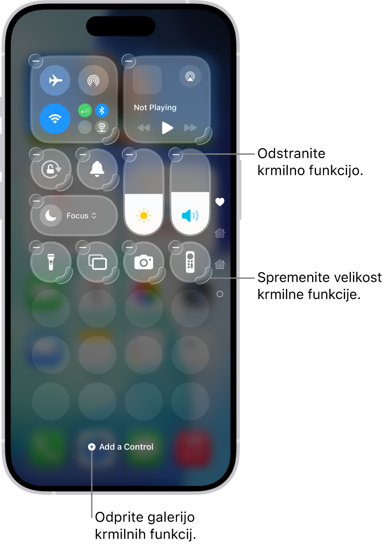 Nadzorno središče urejate z gumbom Odstrani in ročico za spreminjanje velikosti na vsaki krmilni funkciji.