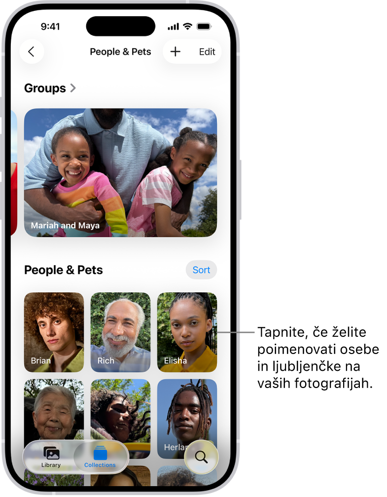 Zbirka Osebe in hišni ljubljenčki v aplikaciji Fotografije. Skupine se prikažejo na vrhu, osebe in hišni ljubljenčki pa spodaj.