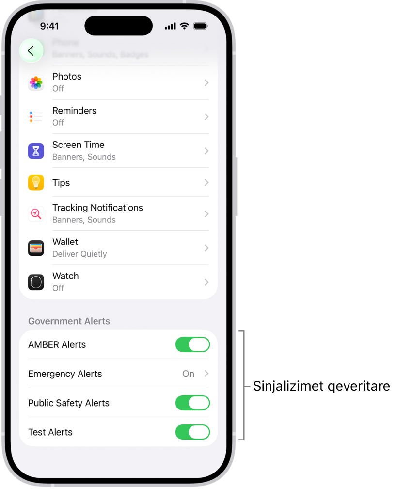 Ekrani Notifications, që tregon Government Alerts që mund t'i aktivizoni për të marrë sinjalizime qeveritare.