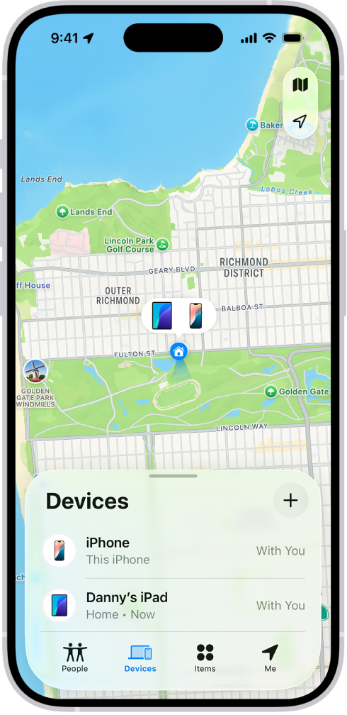Екран Find My на ком су приказана два уређаја код куће.