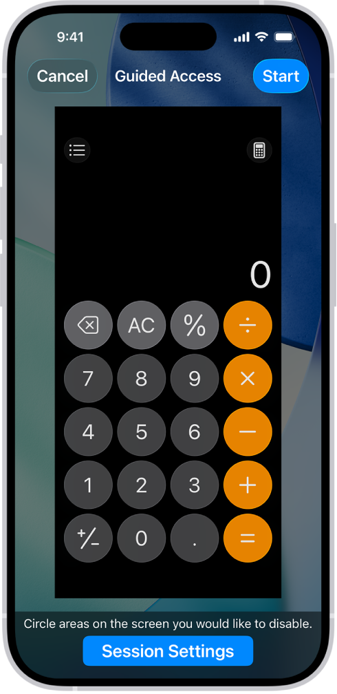 Екран iPhone-а на ком се подешава Guided Access. iPhone је привремено закључан само на апликацију Calculator, где је једно од дугмади онемогућено.