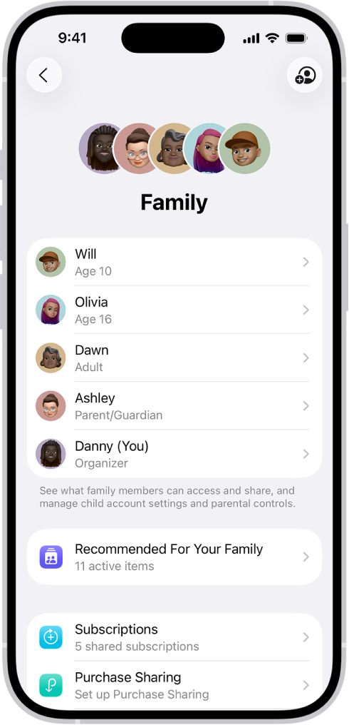 Екран функције Family Sharing у апликацији Settings. Наведено је пет чланова породице. Испод њихових имена се налази Family Checklist, а испод тога су опције Subscriptions и Purchase Sharing.