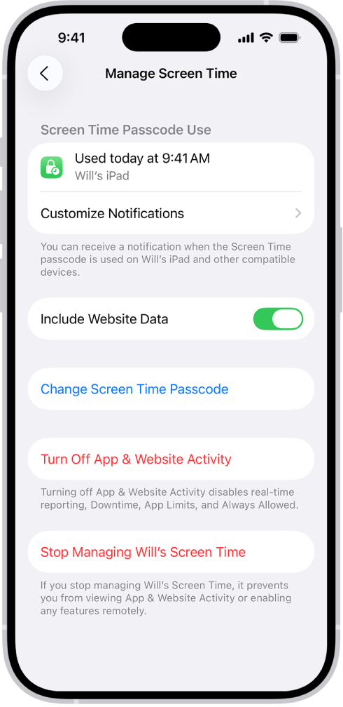 Екран Manage Screen Time за дете у породици. На врху екрана је приказано када је и на ком уређају последњи пут коришћен безбедносни код.