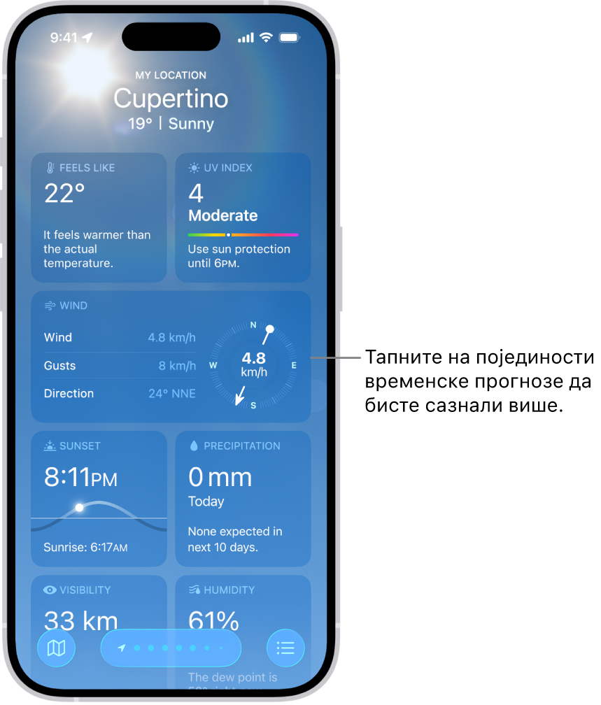 Апликација Weather у којој је тренутна локација на врху, а испод су тренутна температура и временски услови. На преосталом делу екрана су детаљи временске прогнозе, међу којима су UV индекс, ветар и падавине.