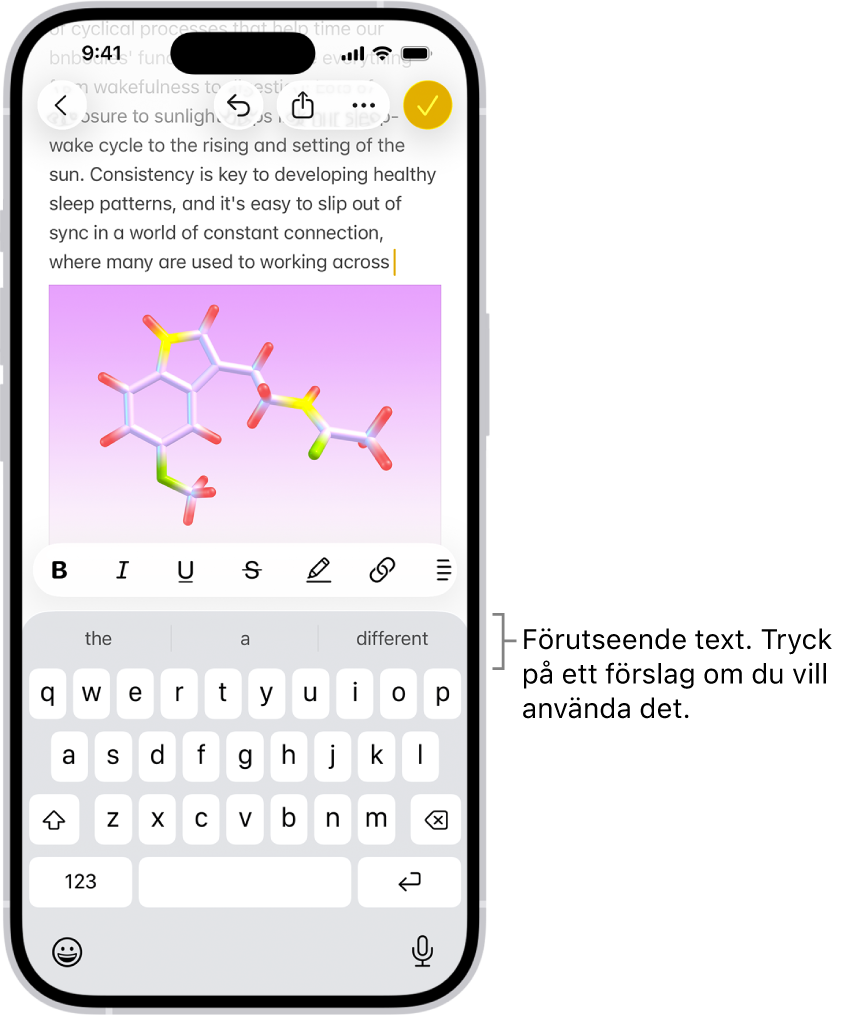 Skärmtangentbordet är öppet i appen Meddelanden. Text matas in i textfältet och ovanför tangentbordet finns textförslag för nästa ord.