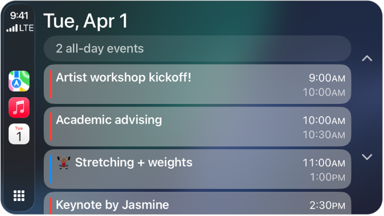 CarPlay med Kartor, Musik och Kalender i sidofältet. Till höger visas aktiviteter för måndagen den 5 juni, med portföljarbete, workshop om ledarskap, förberedelse av presentation och kör.