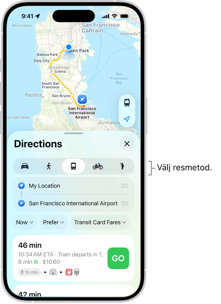 En karta som visar flera ruttalternativ mellan två platser med knappar för att välja andra transportsätt, växla startpunkt och mål och visa färdbeskrivningar som steg.