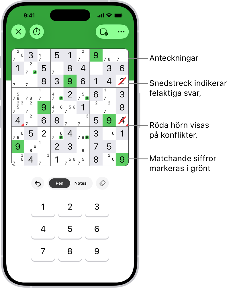 En sudoku med flera påslagna funktioner: Notes, Highlight Matching Numbers, Show Conflicts och Autocheck.