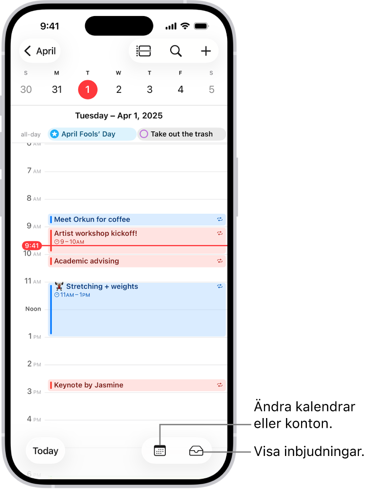 En kalender som visar vyn Dag och dagens aktiviteter. Knappen Kalendrar finns längst ned i mitten av skärmen och knappen Inkorg längst ned till höger.
