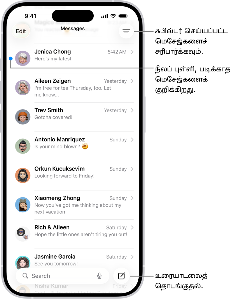 மெசேஜஸ் உரையாடல் பட்டியல் காட்டப்பட்டுள்ளது, மேல் வலதுபுறத்தில் “கம்போஸ் செய்” பட்டன் உள்ளது. ஒரு மெசேஜின் இடதுபுறத்தில் நீல நிறப் புள்ளி காட்டப்பட்டால் அந்த மெசேஜ் படிக்கப்படவில்லை என்று அர்த்தம்.