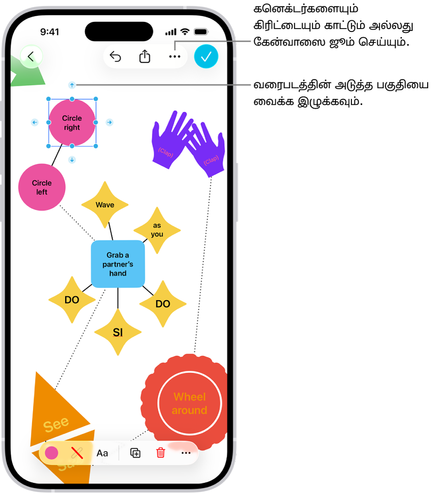 Freeform போர்டில் உள்ள வரைபடத்தில், தேர்ந்தெடுக்கப்பட்ட வடிவத்தில் கனெக்டர்கள் காட்டப்பட்டுள்ளன. திரையின் கீழே வடிவமைப்புக் கருவிகள் காட்டப்பட்டுள்ளன.