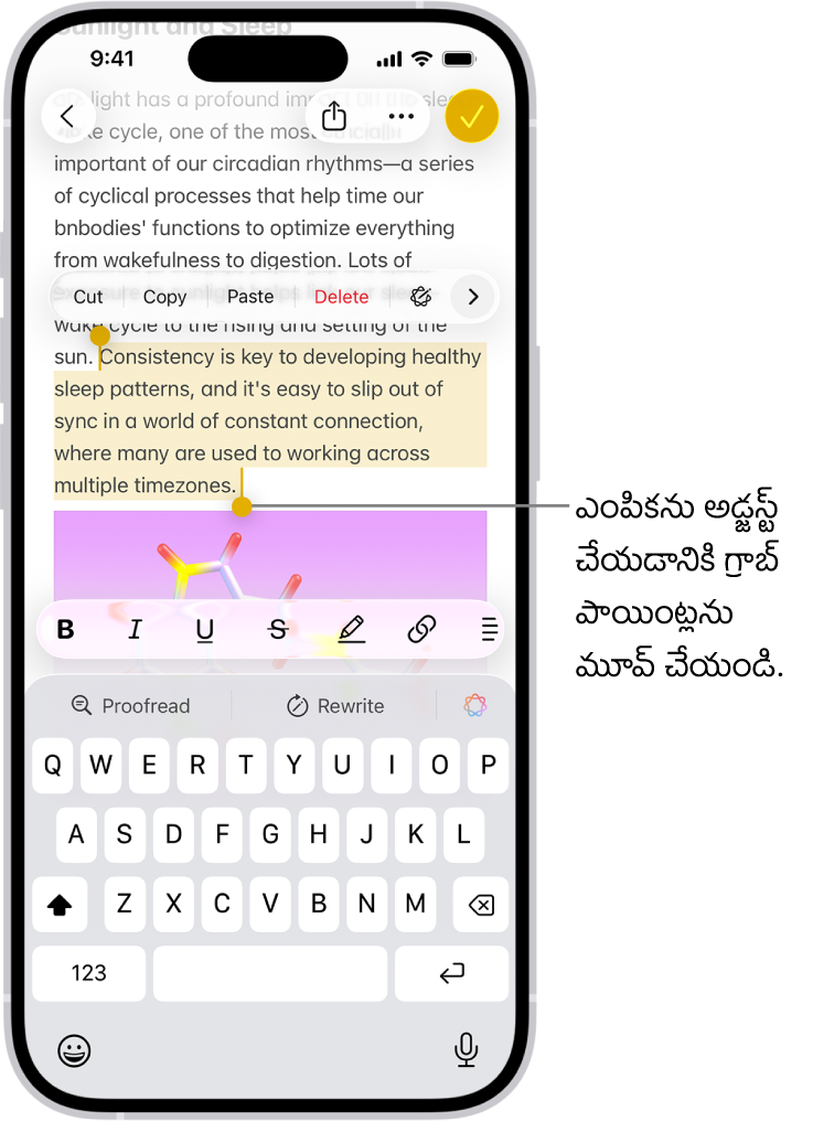 నోట్స్ యాప్‌లోని గమనిక‌లో టెక్స్ట్ ఎంచుకోబడింది. ఎంచుకున్న టెక్స్ట్ ఎగువన కట్, కాపీ, పేస్ట్, ఆటోఫిల్ బటన్‌లు ఉన్నాయి. ఎంచుకున్న టెక్స్ట్ హైలైట్ చేయబడింది, దానికి రెండు వైపులా ఎంపికను అడ్జస్ట్ చేయడానికి గ్రాబ్ పాయింట్‌లు ఉన్నాయి.