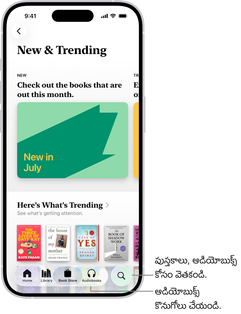పుస్తకాలు యాప్‌లోని పుస్తకాల స్టోర్ స్క్రీన్. స్క్రీన్ దిగువన ఎడమ నుండి కుడి వైపుకి హోమ్, లైబ్రరీ, పుస్తకాల స్టోర్, ఆడియోబుక్స్, శోధన ట్యాబ్‌లు ఉన్నాయి. పుస్తకాల స్టోర్ ట్యాబ్ ఎంచుకోబడింది.
