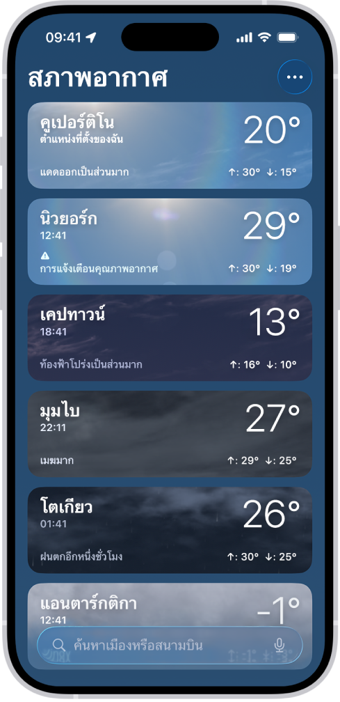 แอปสภาพอากาศที่แสดงรายการของเมืองต่างๆ พร้อมเวลา อุณหภูมิ พยากรณ์อากาศ และอุณหภูมิสูงสุดและอุณหภูมิต่ำสุดในปัจจุบัน ที่ด้านล่างสุดของหน้าจอคือช่องค้นหาและที่มุมขวาบนสุดคือปุ่มอื่นๆ