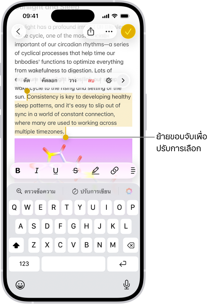 ข้อความถูกเลือกอยู่ในโน้ตในแอปโน้ต เหนือจากข้อความที่เลือกคือปุ่มตัด ปุ่มคัดลอก ปุ่มวาง และปุ่มป้อนอัตโนมัติ ข้อความที่เลือกถูกไฮไลท์โดยมีขอบจับสำหรับปรับการเลือกที่ปลายด้านใดด้านหนึ่ง