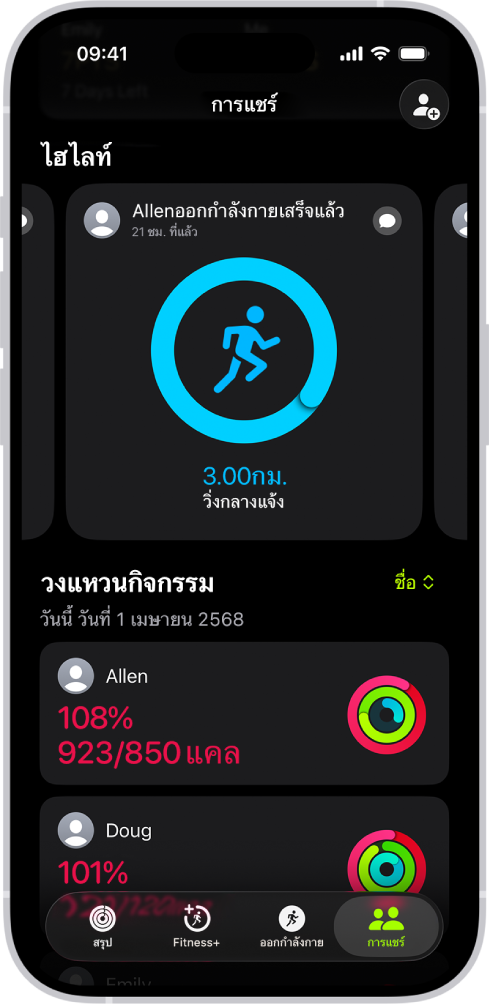 หน้าจอการแชร์ของฟิตเนส พร้อมกับวงแหวนกิจกรรมและไฮไลท์กิจกรรมที่แชร์ระหว่างคนหนึ่งและเพื่อนๆ ของเขา