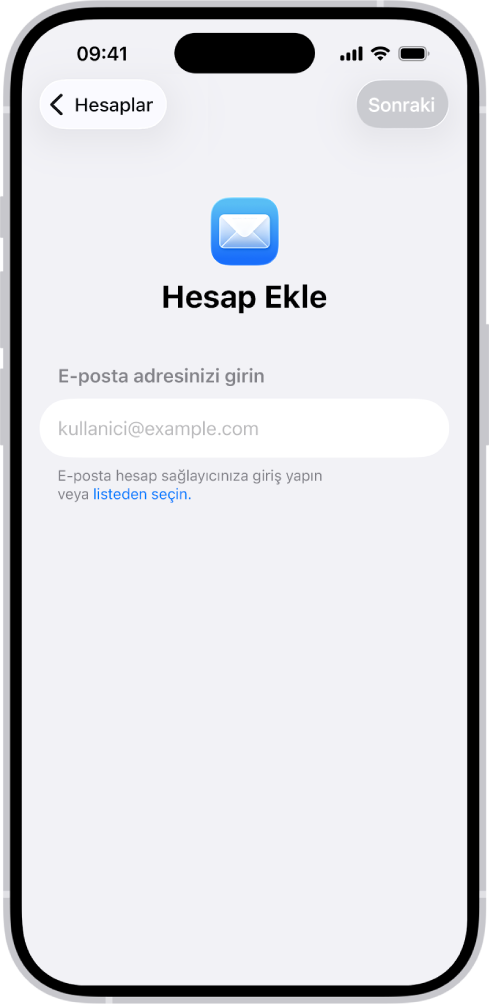 E-posta adresinizi girme alanı ile Hesap Ekle ekranı.