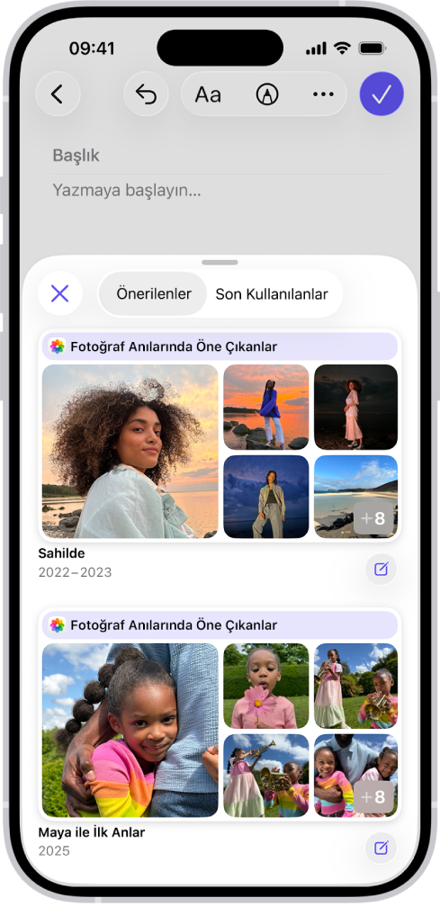 Günlük uygulamasında günlük önerileri olarak fotoğraf öne çıkanlarını gösteren bir ekran.