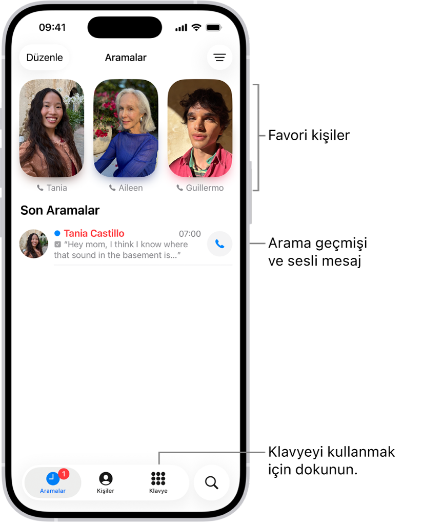 Birleştirilmiş yerleşimde Telefon uygulamasında Aramalar sekmesi. Hızlı arama kişiler en üstte görünüyor. Hızlı Arama’nın altında son aramaların ve sesli mesajların listesi var. Aramalar, Kişiler ve Tuş Takımı sekmelerini görüntüleme düğmeleri en altta görünüyor. Ara düğmesi sağ alt köşededir.