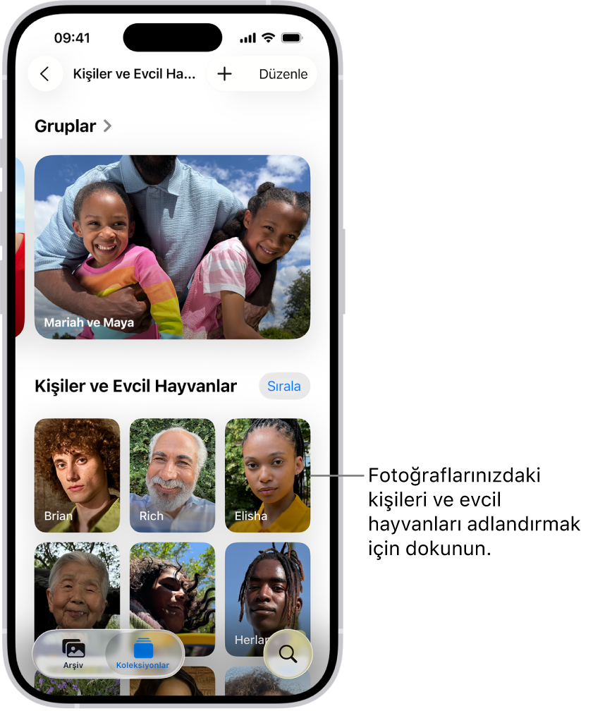 Fotoğraflar uygulamasında Kişi ve Evcil Hayvan koleksiyonu. En üstte Gruplar görünüyor; altta da kişiler ve evcil hayvanlar listeleniyor.