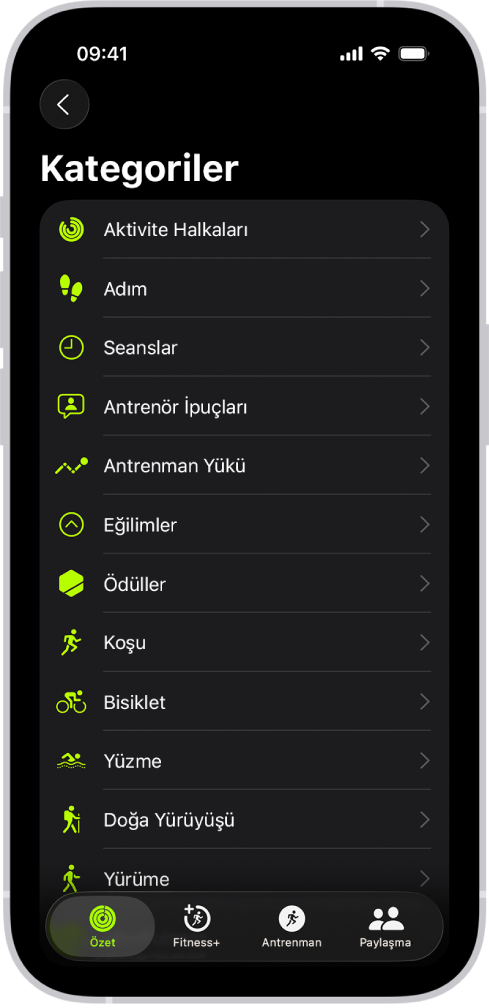 Fitness ekranı fitness kategorilerinin listesini gösteriyor.