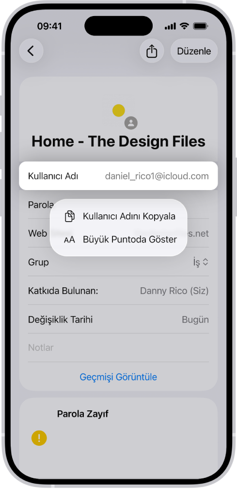 Kullanıcı Adını Kopyala ve Büyük Puntoda Göster seçenekleri ile kullanıcı adını vurgulanmış olarak gösteren bir hesap ekranı.