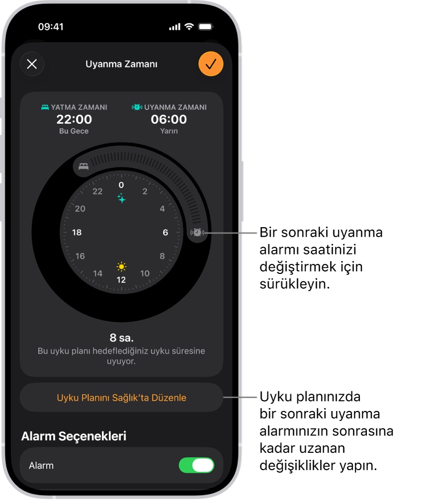 Bir sonraki uyanma alarmını değiştirme ekranı. Çalan alarm düğmesinin konumu, alarmın saatini ayarlıyor.