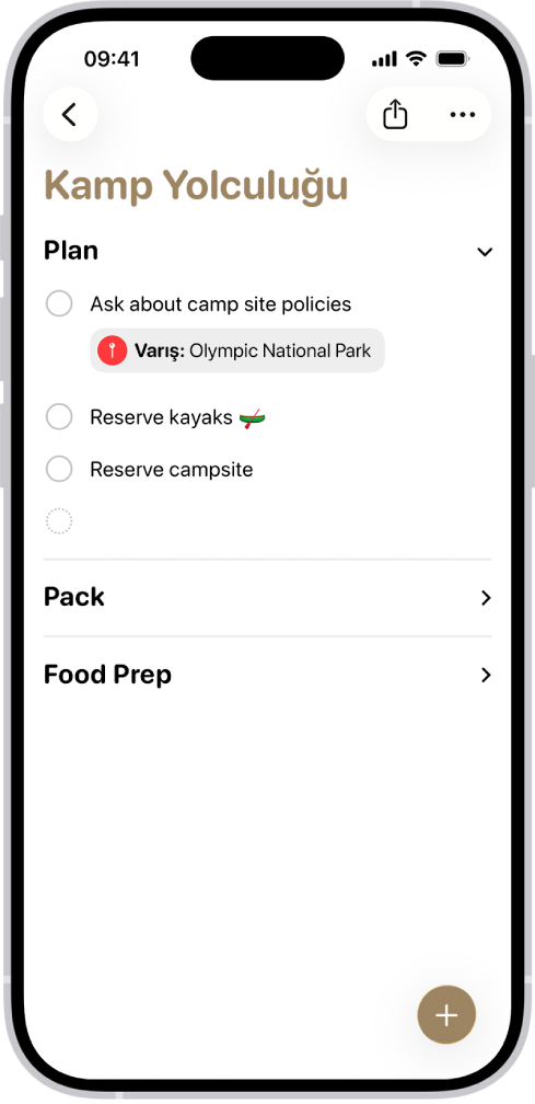 Anımsatıcılar uygulaması, bir bölüm genişletilmiş, diğerleri gizlenmiş olan bir listeyi gösteriyor.
