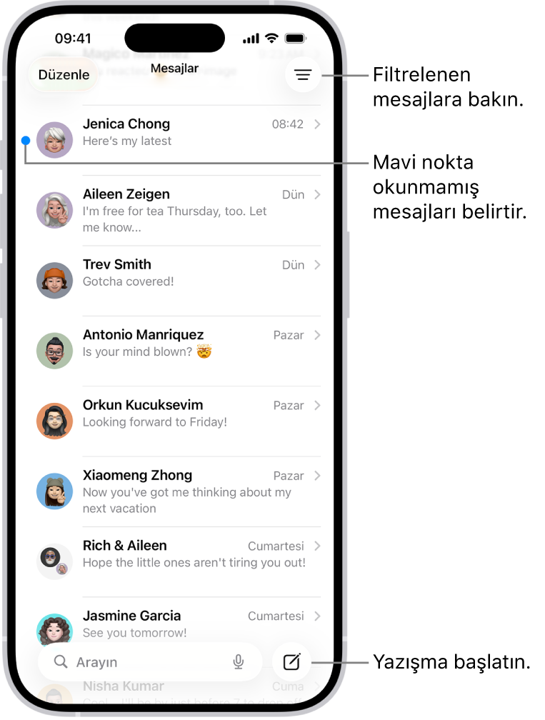Sağ altta Oluştur düğmesiyle Mesajlar yazışma listesi. Mesajın solundaki bir mavi nokta mesajın okunmadığını belirtir.