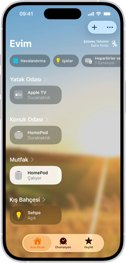Ev uygulamasında Evim ekranı.
