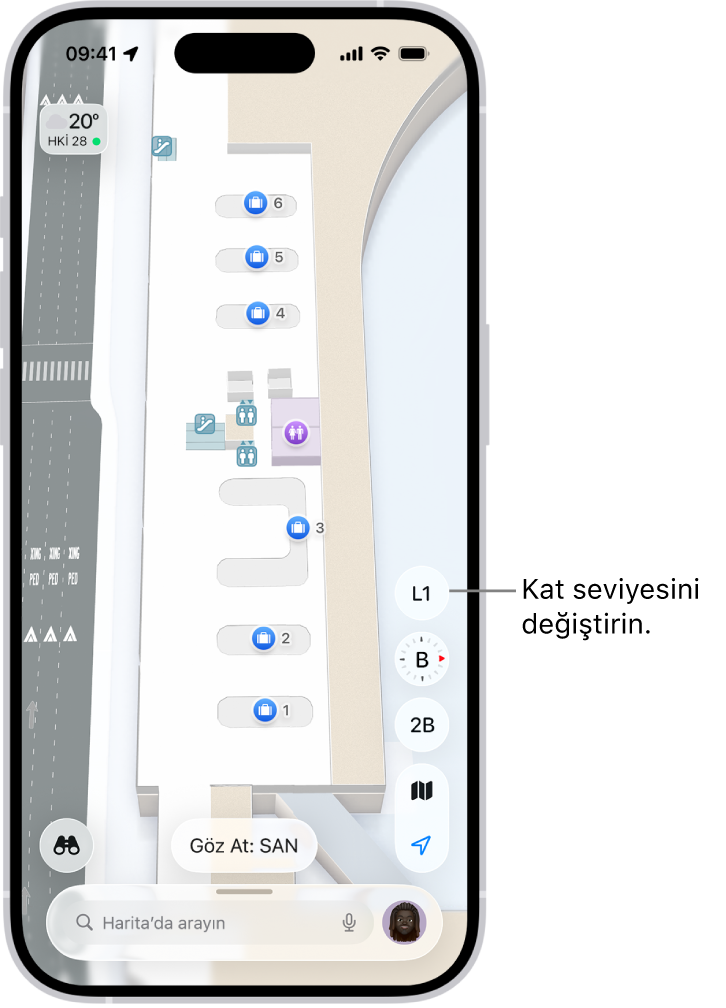 Bir havaalanı terminalinin iç mekân haritası. Öğeler arasında göçmen denetleme noktası, merdivenler, tuvaletler ve ilk yardım bulunuyor. D1 işaretli (Düzey 1) düğmeyi kullanarak çok katlı haritaların düzeylerini değiştirebilirsiniz.