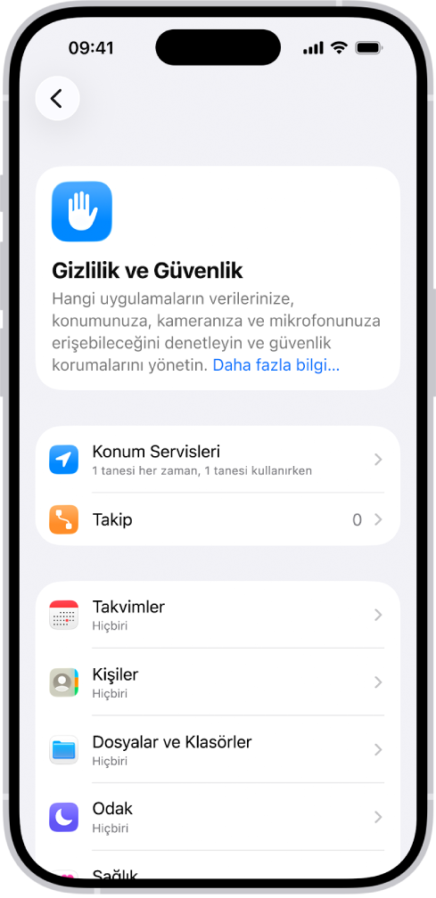 Konum Servisleri ve Takip Etme ayarları ve hangi uygulamaların verilerinize erişimi olacağını denetleme ayarları ile Gizlilik ve Güvenlik ekranı.