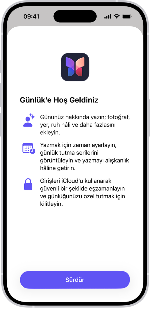 Günlük uygulaması için hoş geldiniz ekranı.