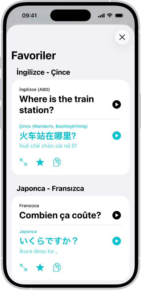 Favoriler sekmesi, İngilizceden Çinceye ve Fransızcadan Japoncaya çevrilen kayıtlı ifadeleri gösteriyor.