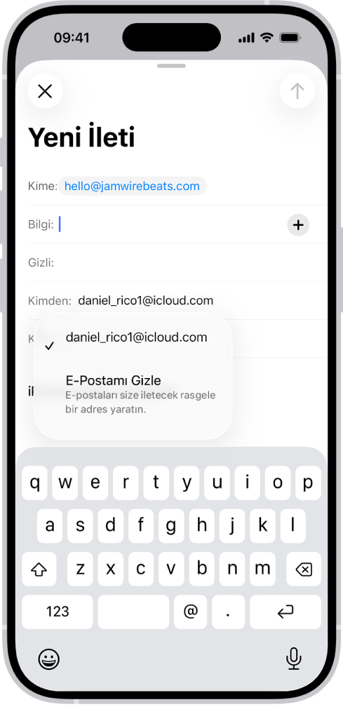 Bir taslak e-posta oluşturuluyor. Kimden alanı seçili ve altında iki seçenek listeleniyor: kişisel bir e-posta adresi ve E-Postamı Gizle.