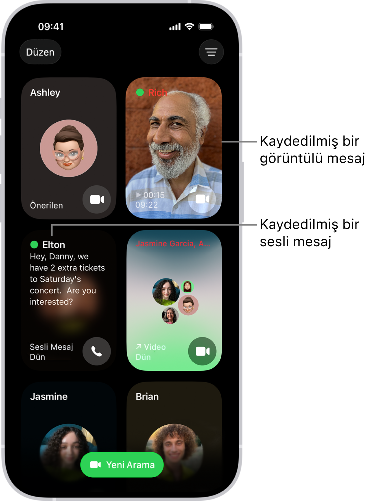 FaceTime arama geçmişinde önerilen bir kişi, kayıtlı bir görüntülü mesaj, bir sesli mesaj ve görüntülü bir Grup FaceTime araması gösteriliyor.