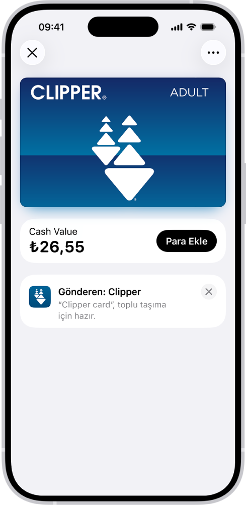 Cüzdan uygulamasında bir toplu taşıma kartı, hesaptaki bakiyeyi ve Para Ekle düğmesini gösteriyor.