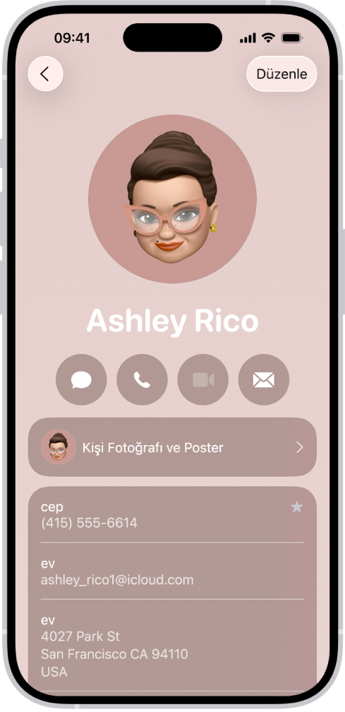 Kişiler uygulamasındaki bir kişi kartı.