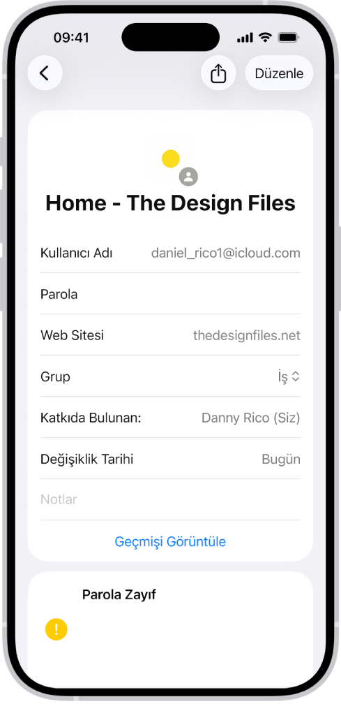 Parolalar uygulaması bir hesabın Kullanıcı Adı, Parola ve Web Sitesi gibi ayrıntılarını gösteriyor.