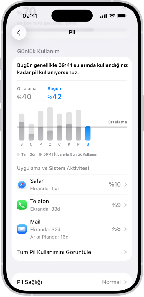 iPhone’daki Ayarlar’da Pil Kullanımı ekranı, pil tüketimiyle ilgili grafikleri ve bilgileri gösteriyor. En üstte, bir çubuk grafik son sekiz günlük pil kullanımını gösteriyor. Altında, ikinci bir grafik şarj sürelerini belirterek şu anki gün boyunca pil düzeyinin ayrıntılarını gösteriyor.
