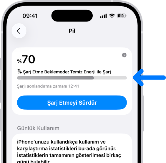 iPhone Pil ayarlarında şarj etme bilgi kartı. Kart, “Şarj Etme Beklemede: Temiz Enerji ile Şarj” mesajı ile birlikte pili %70’te gösteriyor. “Şarj Etmeyi Sürdür” seçeneği ile birlikte 12:41 civarında bitmesi planlanıyor.