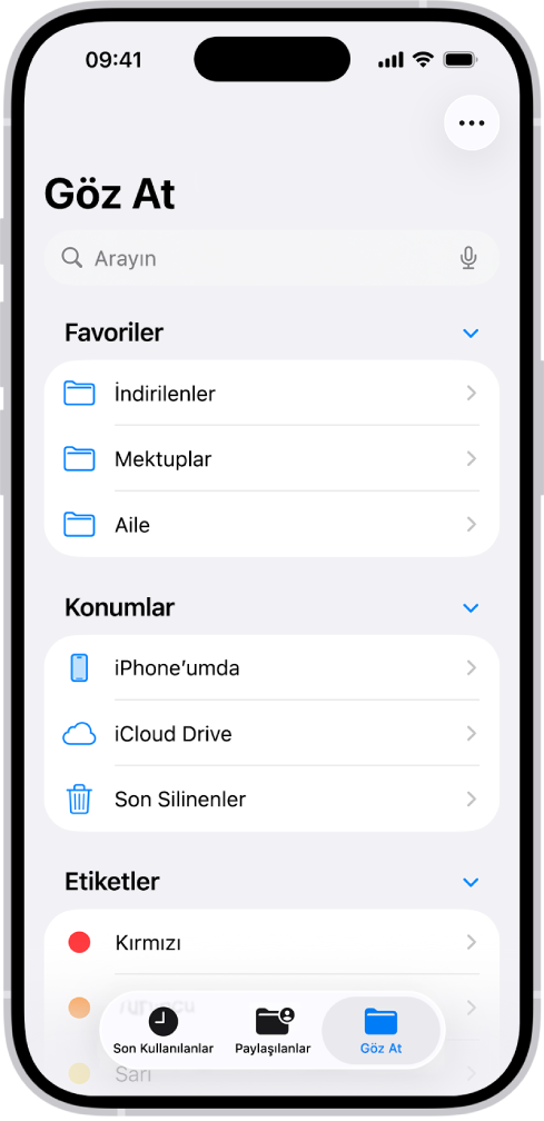 Dosyalar uygulamasında birden fazla klasör ve İndirilenler, Mektuplar, Aile ve benzeri konumlar görüntüleniyor. Ekranın en altında Son dosyalar, Paylaşılan dosyalar ve Göz At Sekmesi düğmeleri var.