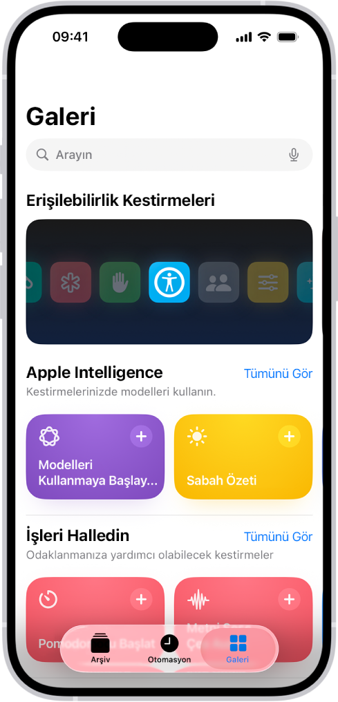 Kestirmeler uygulamasında, en üstte arama alanıyla Galeri ekranı. Altta üç galeri var: Erişilebilirlik Kestirmeleri, İşleri Halledin ve Hızlı Kestirmeler. Ekranın en altında Kestirmeler, Otomasyon ve Galeri düğmeleri yer alıyor. Galeri seçili.